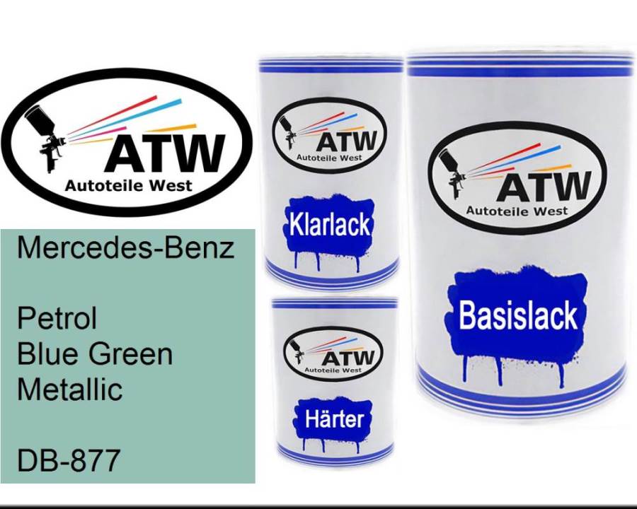 Mercedes-Benz, Petrol Blue Green Metallic, DB-877: 500ml Lackdose + 500ml Klarlack + 250ml Härter - Set, von ATW Autoteile West.